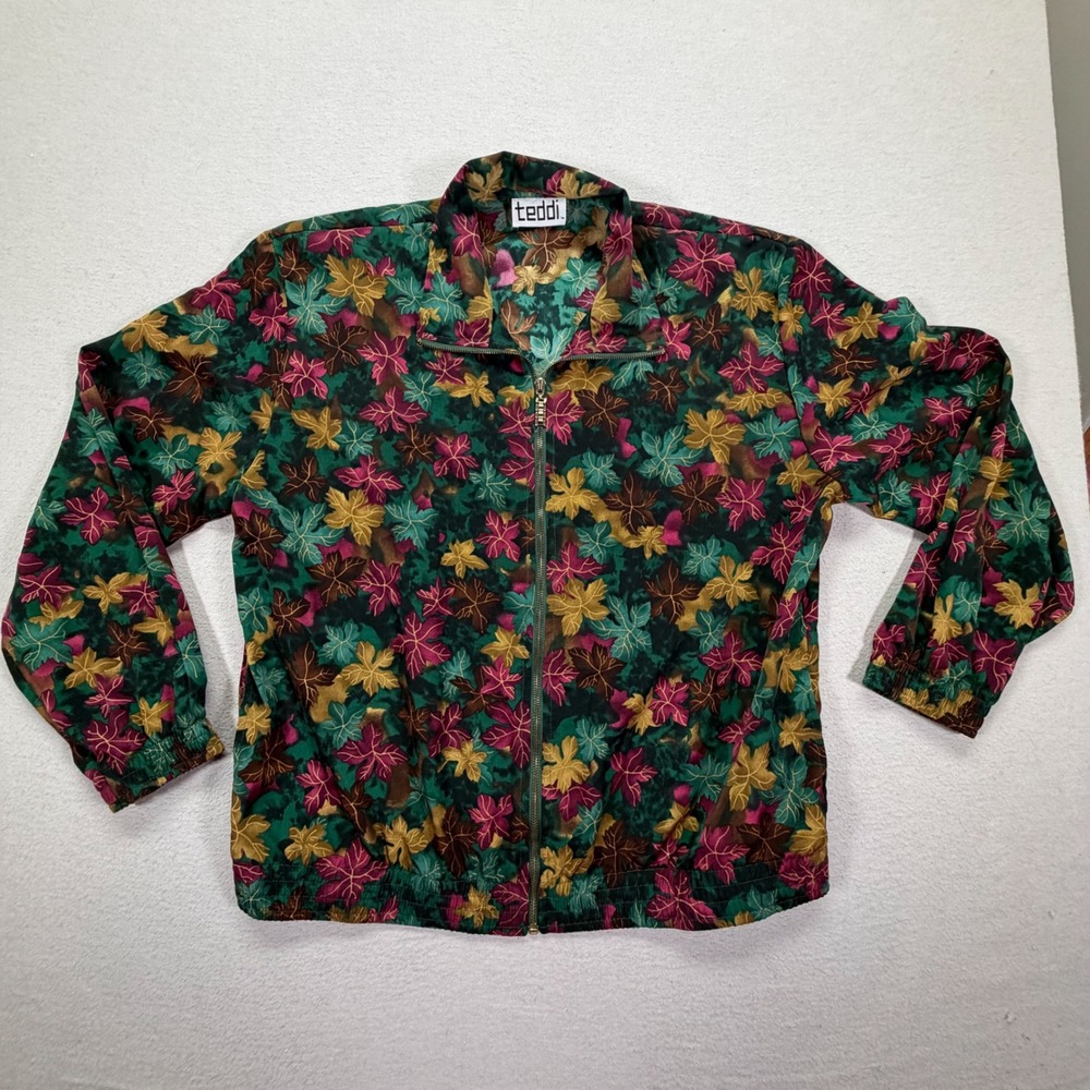 Teddi Women Windbreaker‎ Relaxed Multi Color Vintage Leaf Print Large